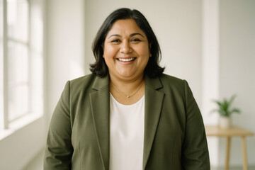 Joyful Middle-Aged Overweight Businesswoman in a Sunlit Studio, Modern Workplace Happiness