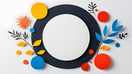 Obraz premium Vibrant and abstract circular paper cut frame featuring a composition of colorful botanical elements flowing lines and a layered three dimensional design