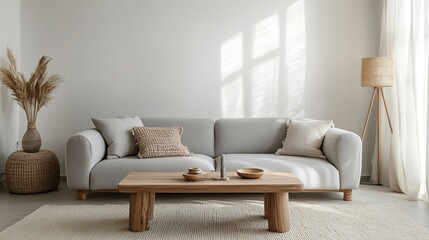 Minimalist living room with gray sofa, wooden coffee table, and rattan lamp, embodying modern simplicity and natural elegance.
