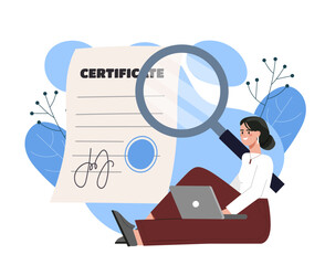 Certificate verification concept scene. Vector illustration