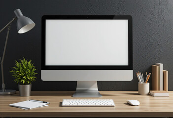 Fototapeta premium Computer blank white screen on desk with plant and stationery. for screen mockup, 3D Rendering