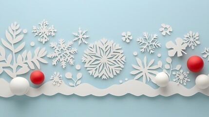 Intricate paper cutout design featuring a border of various snowflake inspired shapes arranged in icy layers and textures against a minimalist background