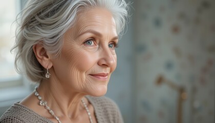 A close-up of an elegant older woman with gray hair, exuding confidence and wisdom in a soft, beautifully lit environment.