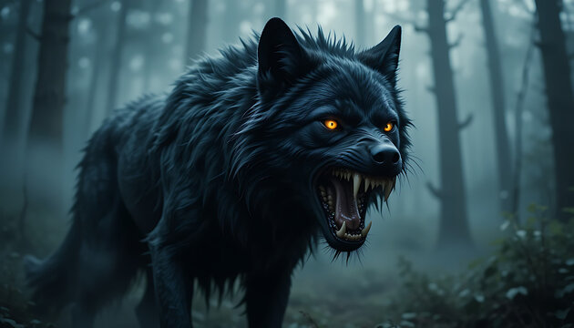 Fierce encounter with a mean wolf in the enchanted forest captivating wildlife photography dramatic atmosphere