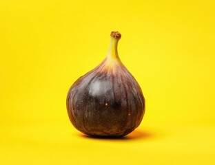 Obraz premium Single ripe fig against a vibrant yellow background. A plump, dark purple fig, showcasing its unique texture and form, sits centrally against a bold yellow backdrop