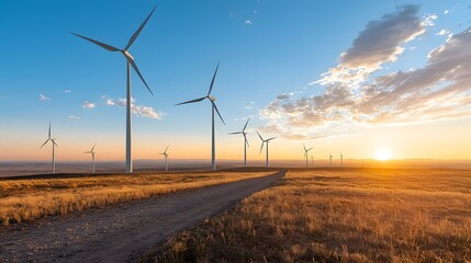 Obraz premium Rows of towering wind turbines turning in a vast open field as the sun sets casting a warm glow across the landscape