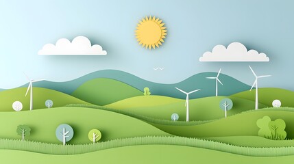 Picturesque countryside landscape with rolling green hills wind turbines harnessing renewable energy and a bright sun in a layered paper cut art style
