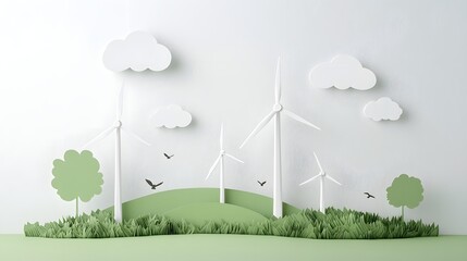 A minimalist paper cut design depicting wind turbines on rolling hills with clouds and birds in the sky showcasing renewable energy and environmental harmony