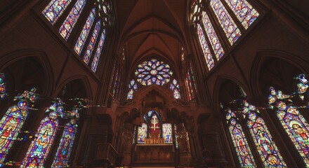Fototapeta premium Interior Splendor View of a Gothic Cathedral with Stained Glass Windows and Intricate Architectural Details Enhancing Spiritual Ambiance
