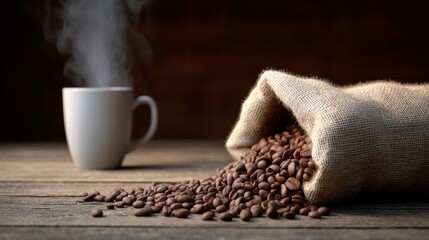 Steaming coffee cup beside spilled coffee beans.