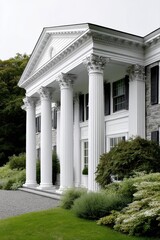 Classic Georgian Revival home with white columns and lush landscaping - lawn Timeless Southern