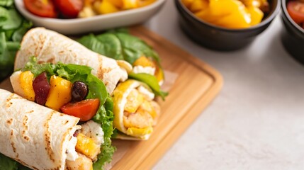 Delicious Wraps with Shrimp, Fresh Vegetables, and Fruit Salsa on a Wooden Cutting Board