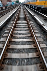 High-angle, slow-motion slider shot of a train approaching Broadway Junction, steel tracks gleaming - Train travel transit architecture mechanical
