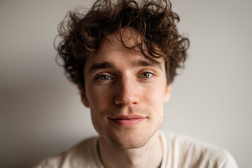 Fototapeta premium Close-up portrait of a young man with curly brown hair and blue eyes, neutral expression, light beige shirt, against a light gray background