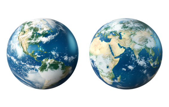 A realistic globe with different colored textures on the Earth's surface, transparent background
