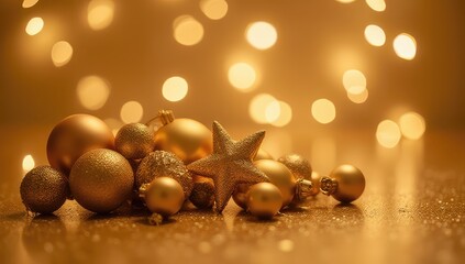 Fototapeta premium Golden Christmas Ornaments and Star on Glitter Background