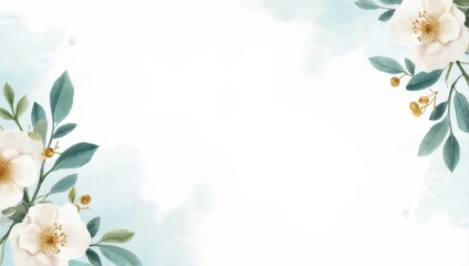 Obraz premium Elegant White Flowers and Green Leaves Watercolor Border
