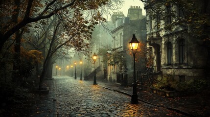 Misty 19th-century London street, gas lanterns glowing on wet cobblestone, Victorian buildings, historic cityscape.