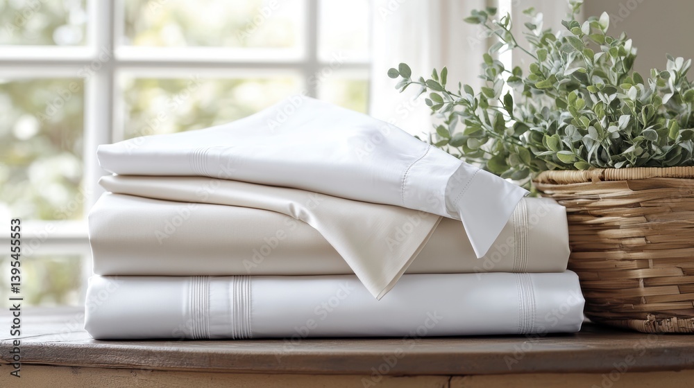 Poster Neat stack of crisp white and beige bedding sheets on wooden table, next to a wicker basket with greenery.