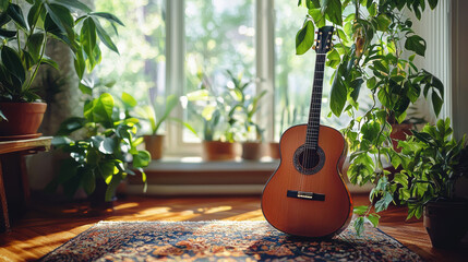 A sunlit classical guitar rests on a patterned rug surrounded by lush potted plants near a bright window in a cozy home interior.