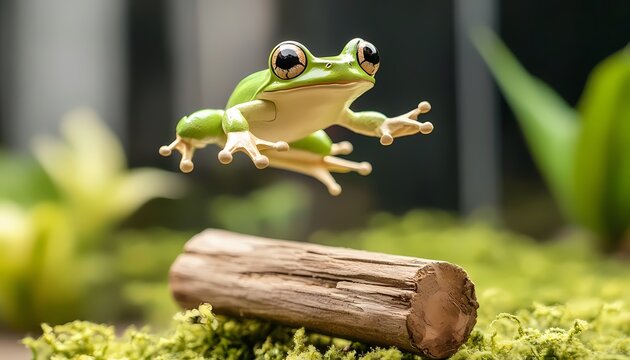 A vibrant green tree frog leaps gracefully over a mossy log in a lush forest scene showcasing its incredible agility and