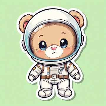 Naklejki Kids sticker cute cartoon bear astronaut,solid mint lime color background