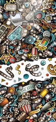 Fototapeta premium Cinema hand drawn doodle banner. Cartoon detailed flyer. Movie identity with objects and symbols. Color design elements background