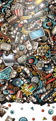 Fototapeta premium Cinema hand drawn doodle banner. Cartoon detailed flyer. Movie identity with objects and symbols. Color design elements background