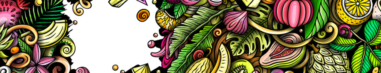 Cartoon doodle Tropical Fruits banner background. Funny natural food colorful illustration.