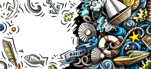 Cartoon doodle Marine banner design for the use on invitations, cards, apps, branding, flyers, greeting cards, postcards, web design. Funny colorful and line art background