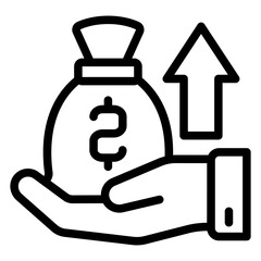 Cash money bag with arrow on hand line icon, financial advice concept. Vector graphics. Money portfolio growth, income sign on white background, style mobile or design.