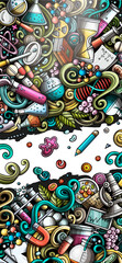 Science hand drawn doodle banner. Cartoon detailed flyer. Scientific identity with objects and symbols. Color design elements background