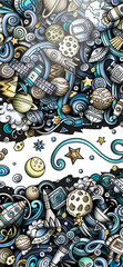 Space hand drawn doodle banner. Cartoon detailed illustrations. Cosmic identity with objects and symbols. Color design elements background