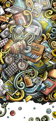 Obraz premium Travel hand drawn doodle banner. Cartoon detailed flyer. Traveling identity with objects and symbols. Color design elements background