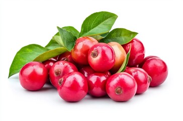 A pile of small, red and pink acerola fruits with green leaves on a white background, red cherries isolated on white