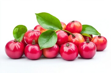 A pile of small, red and pink acerola fruits with green leaves on a white background, red apples isolated on white
