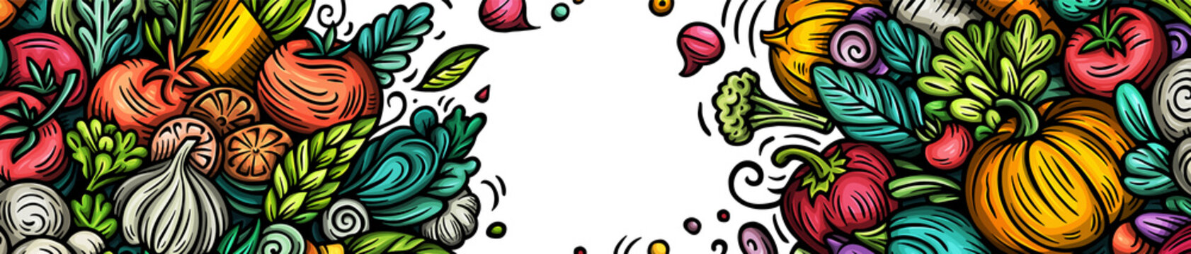 Vegetables cartoon doodle background. Veggies banner design. Nature elements and objects illustration. Bright colors funny picture.