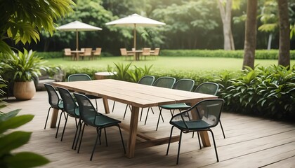 Fototapeta premium Outdoor dining setup lush garden photography natural light wide angle relaxing atmosphere for entertaining guests