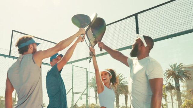 High five, sports and people with padel at court for success, motivation or training outdoor. Team, athlete and community of players with collaboration for celebration, support and excited for tennis