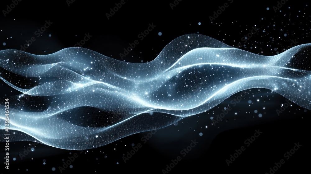 Poster abstract network wave formed from glowing dots and interconnected lines conveying a sense of future 