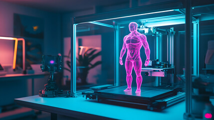 workspace where a 3D printer is creating a futuristic humanoid figure with glowing edges 