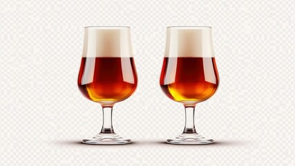 Two glasses of beer with foam, isolated on a transparent background.