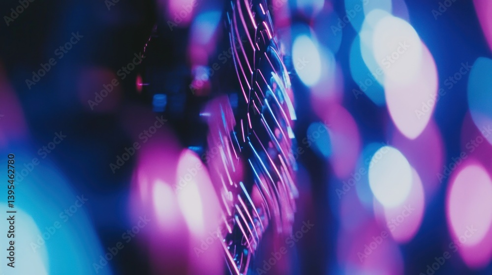 Poster abstract metallic object with illuminated lines and colored bokeh lights
