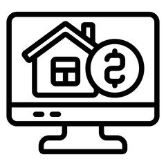 Monitor with coin and house line icon, real estate market concept. Vector graphics. Display with housing money, computer sign on white background, style mobile or design.