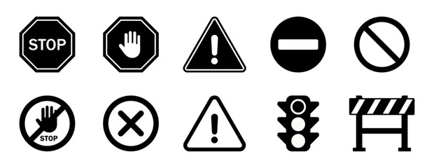 Set of  warning and prohibition signs. Includes stop, hand, danger, no entry, traffic light, and barrier icons. Flat vector style for safety, traffic, construction, or alert use. Icon, vector.