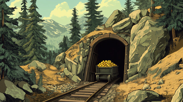 old gold mine entrance in the mountains with a cart full of gold nuggets on rails, perfect for historical illustrations, adventure-themed games, books, or educational content about mining and explorat