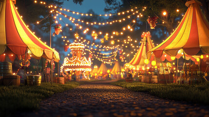 Fototapeta premium A whical nighttime carnival scene features enchanting striped tents illuminated by warm st lights creating a magical festive atmosphere along a charming cobblestone path.