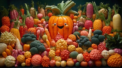 A vibrant display of sculpted vegetables with a happy pumpkin centerpiece.