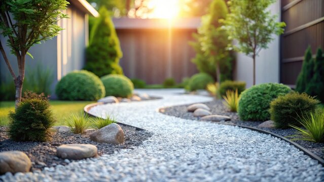 Serene garden path winding through meticulously landscaped greenery, bathed in the warm glow of sunset