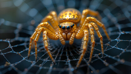 The golden spider sitting on the web